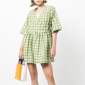 Ganni Plaid Mini Dress in Green and Brown